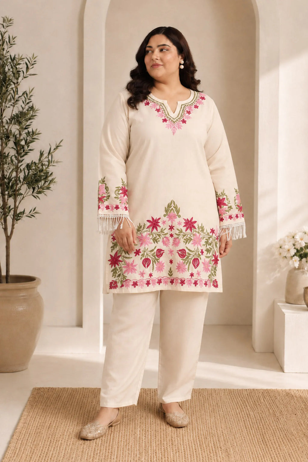 Plus Size - HOK Falak Kashmiri Long Kurta - White
