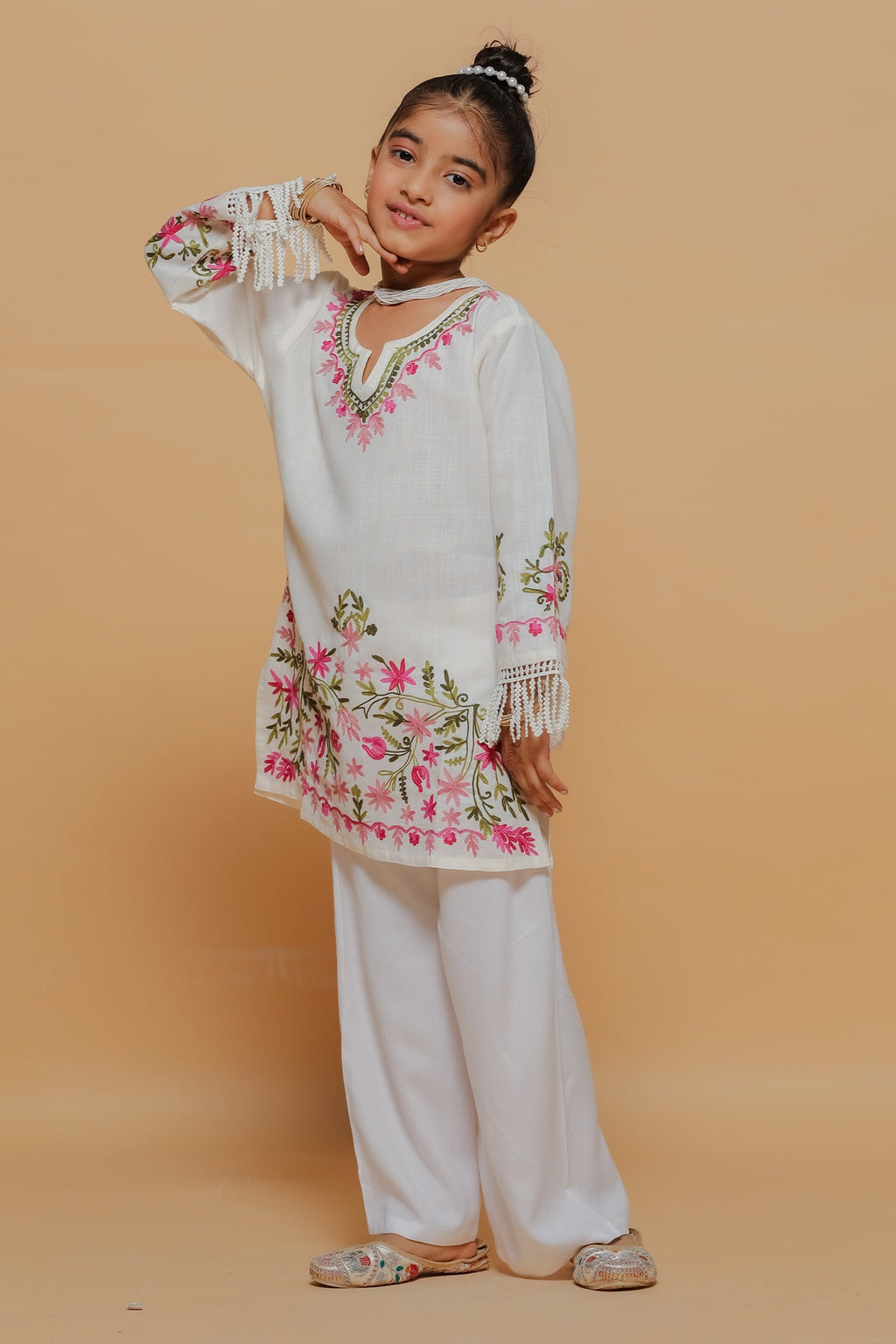 Kids White Cotton Kurta with Kashmiri Aari Work & Lace