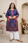 Plus Size - Falak Kashmiri Long Kurta- Navy Blue
