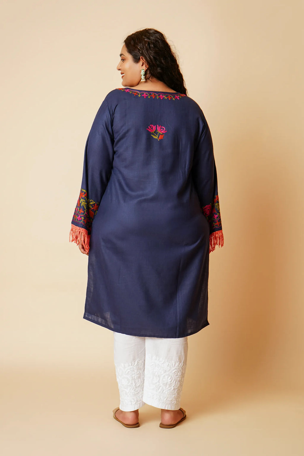 Plus Size - Falak Kashmiri Long Kurta- Navy Blue
