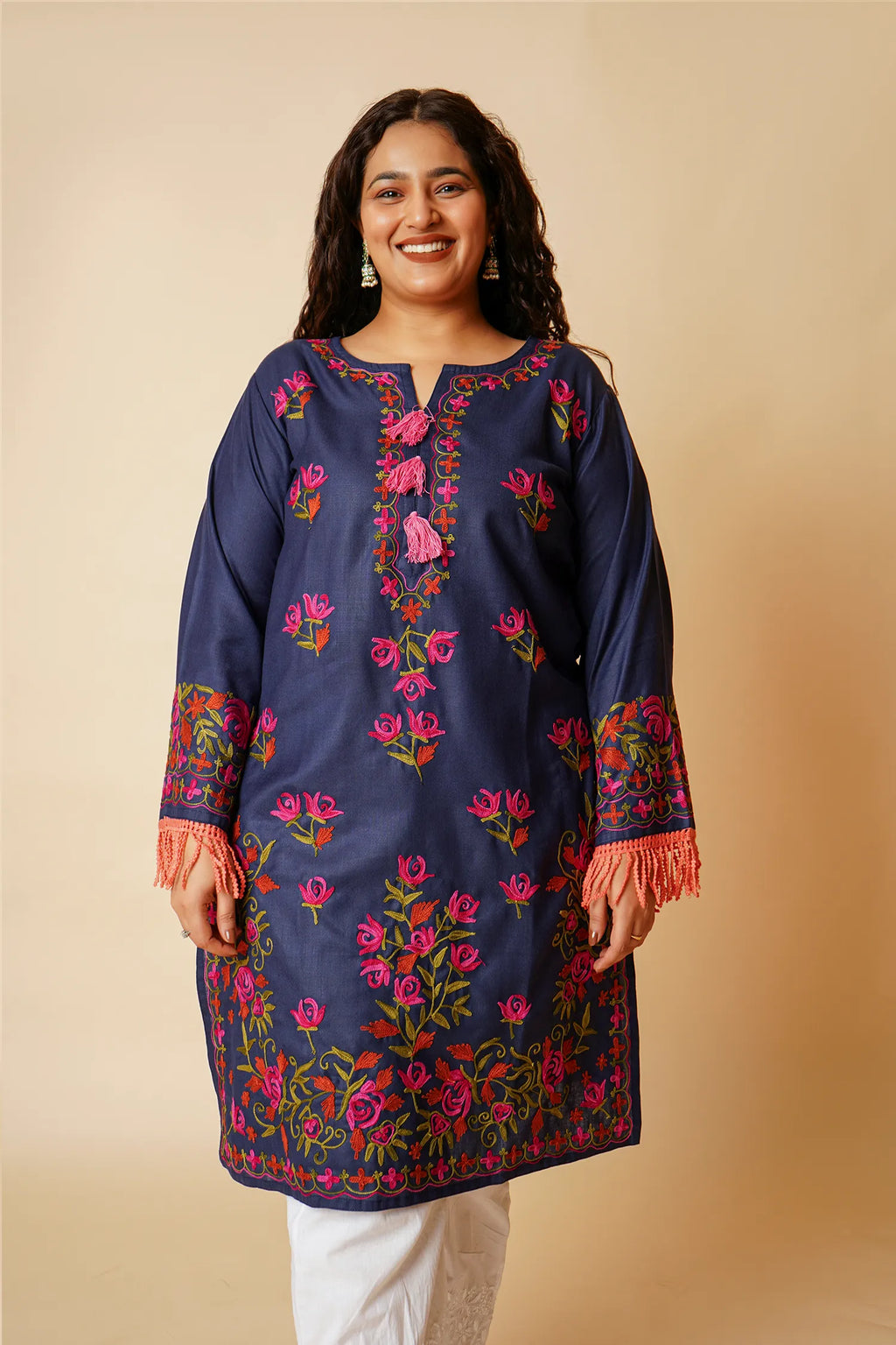 Plus Size - Falak Kashmiri Long Kurta- Navy Blue