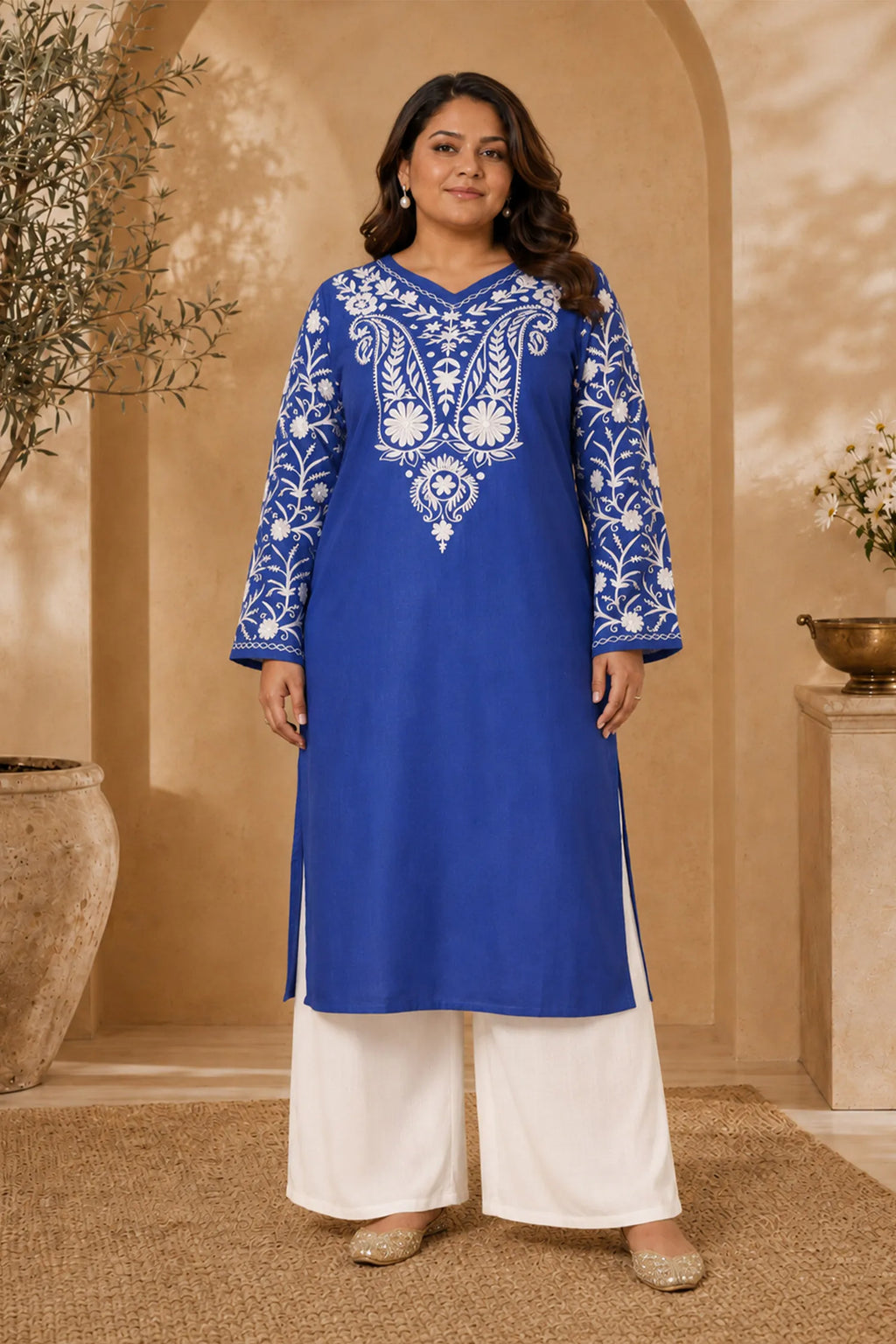 Plus Size - Falak Kashmiri Long Kurta - Blue