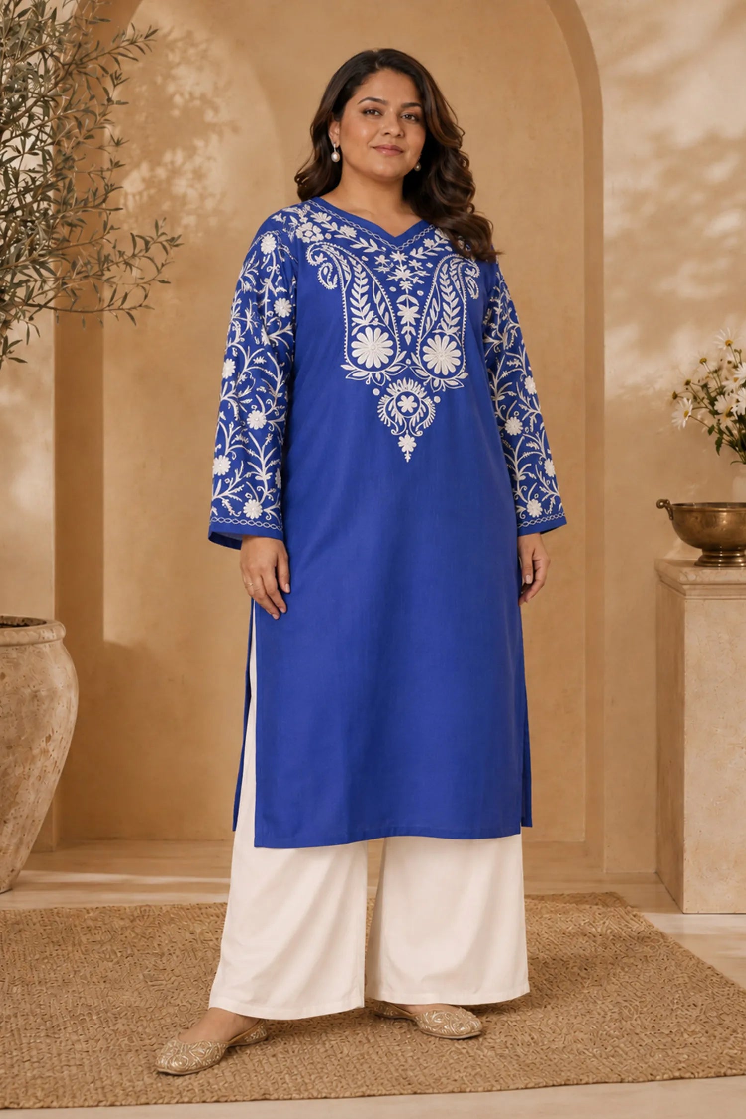 Plus Size - Falak Kashmiri Long Kurta - Blue