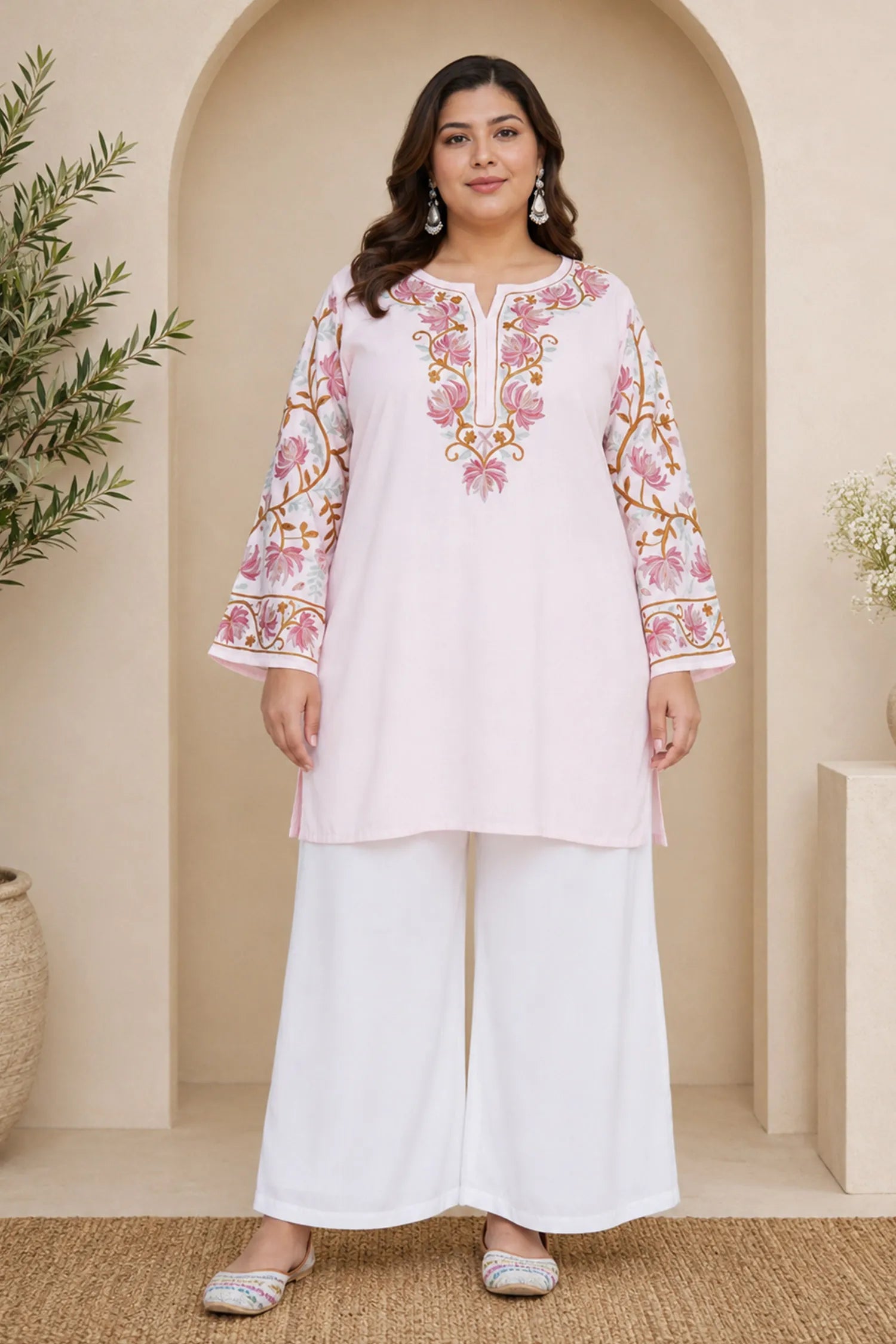 Plus Size - Kashmiri Aari Work Cotton Short Kurta – Pink