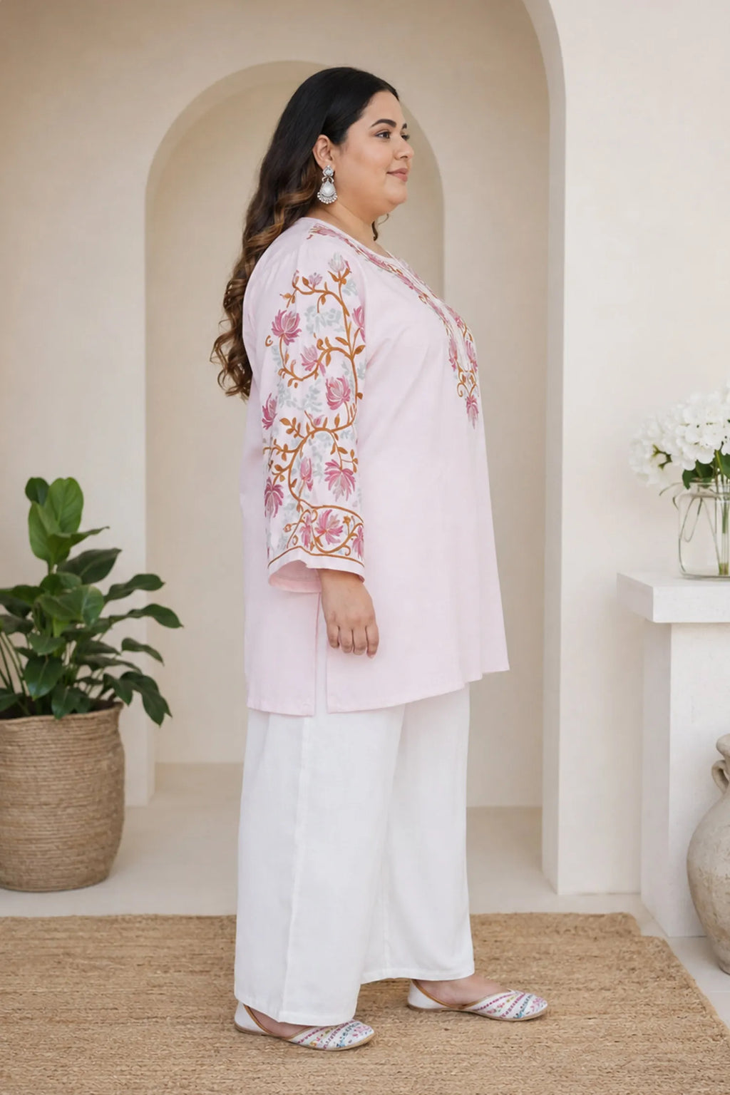 Plus Size - Kashmiri Aari Work Cotton Short Kurta – Pink