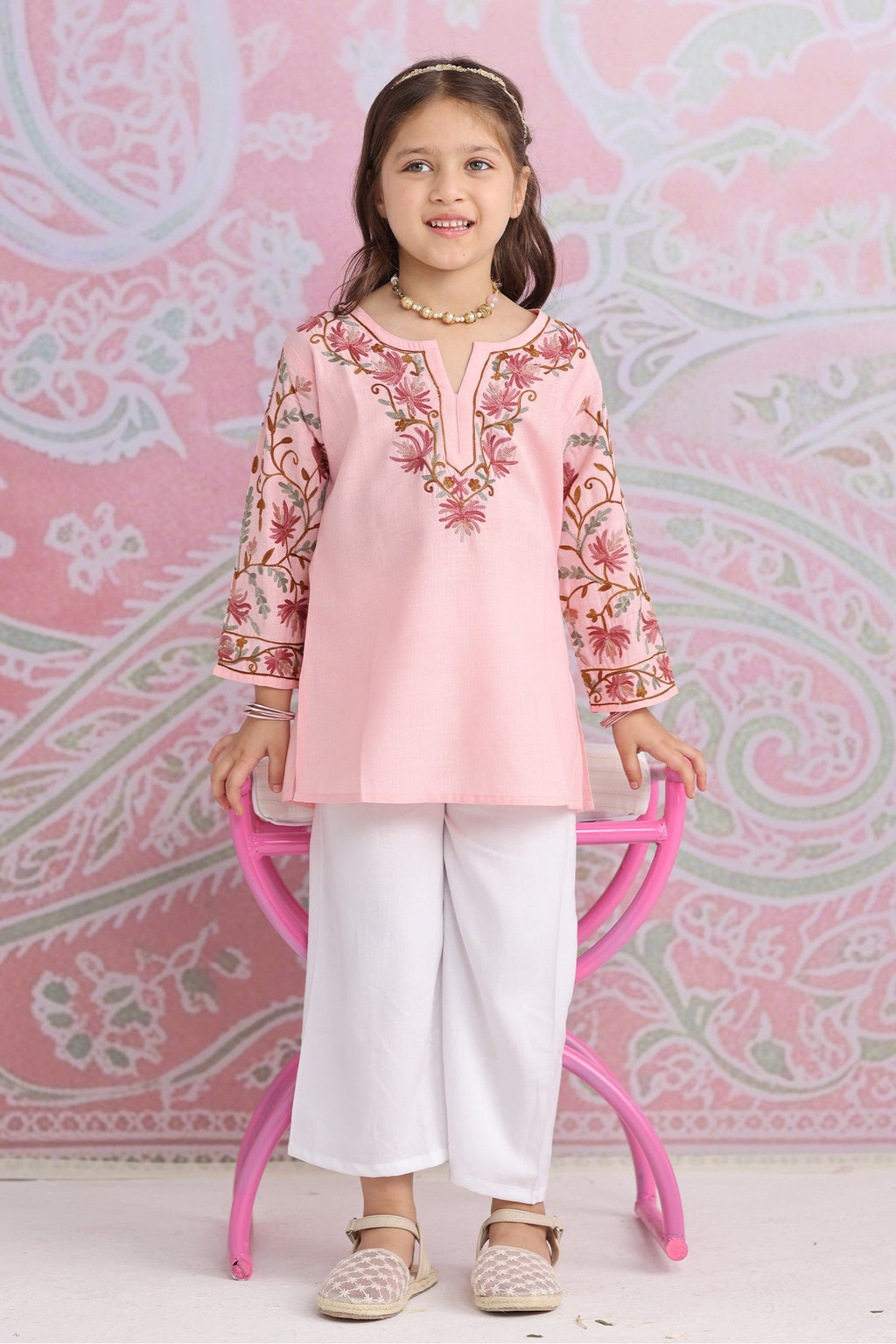 Kids Soft Pink Cotton Short Kurta with Kashmiri Aari Work