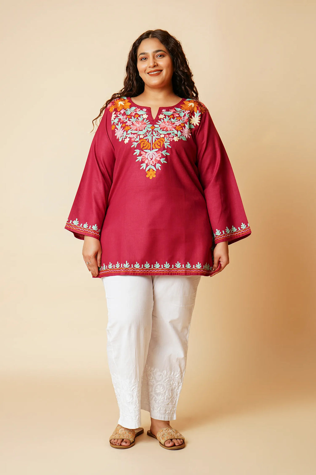 Plus Size - Kashmiri Aari Work Cotton Short Kurta – Maroon