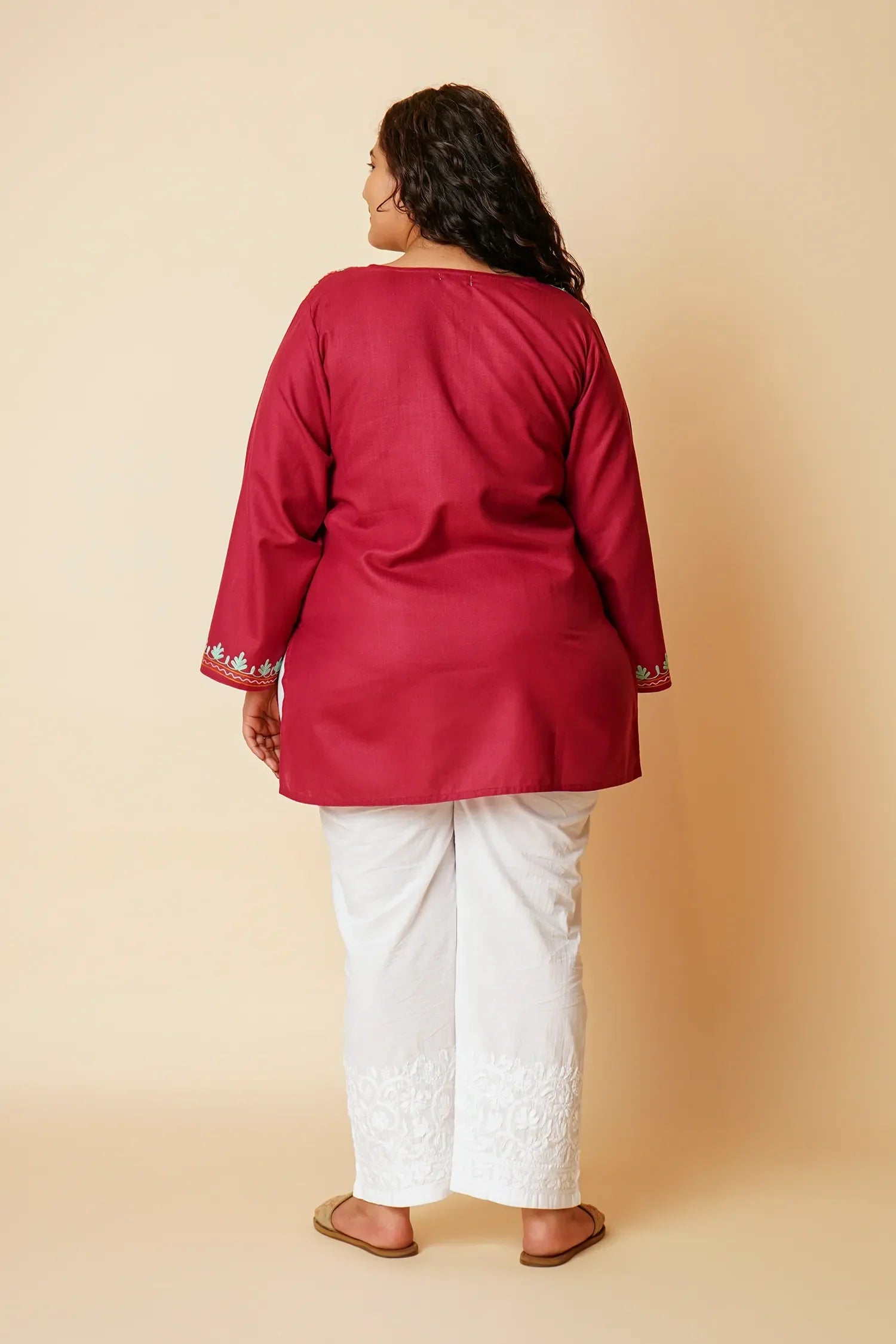 Plus Size - Kashmiri Aari Work Cotton Short Kurta – Maroon