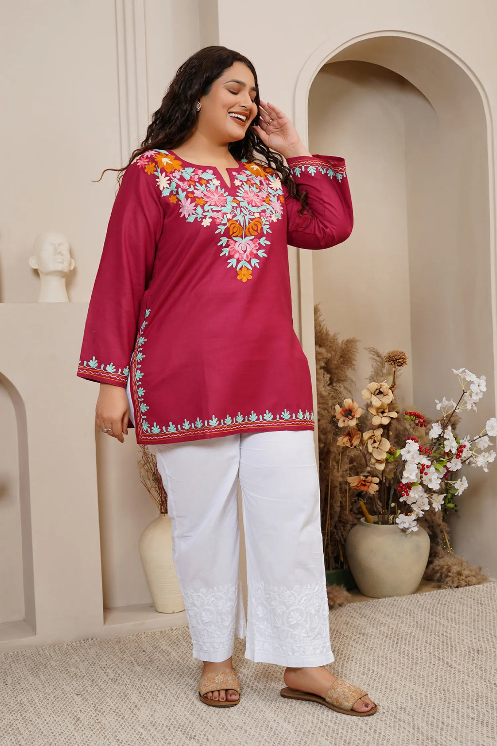 Plus Size - Kashmiri Aari Work Cotton Short Kurta – Maroon