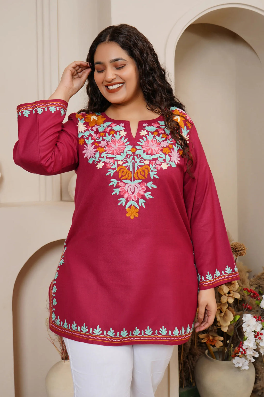 Plus Size - Kashmiri Aari Work Cotton Short Kurta – Maroon