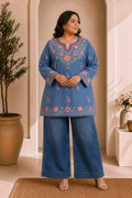 Plus Size - Denim Cotton Kashmiri Aari Short Kurta - Denim Blue