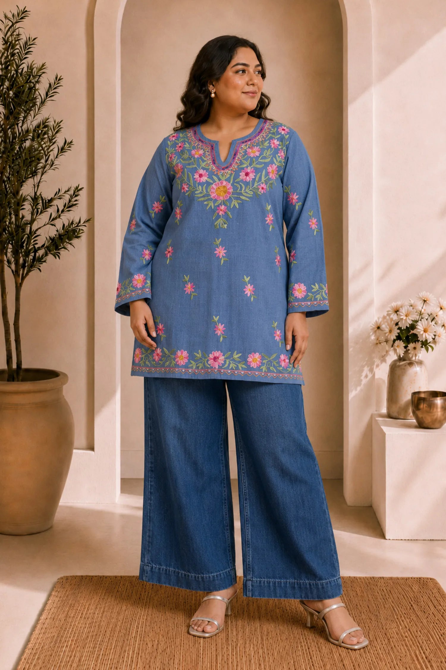 Plus Size - Denim Cotton Kashmiri Aari Short Kurta - Denim Blue