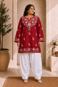 Plus Size - Cotton Kashmiri Aari Short Kurta - Maroon