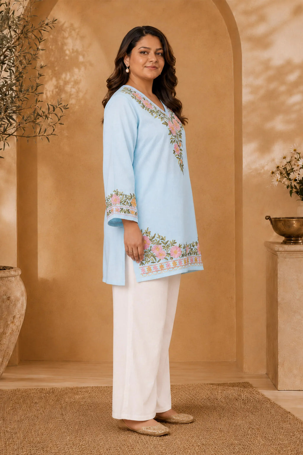 Plus Size - Cotton Kashmiri Aari Short Kurta - Light Blue