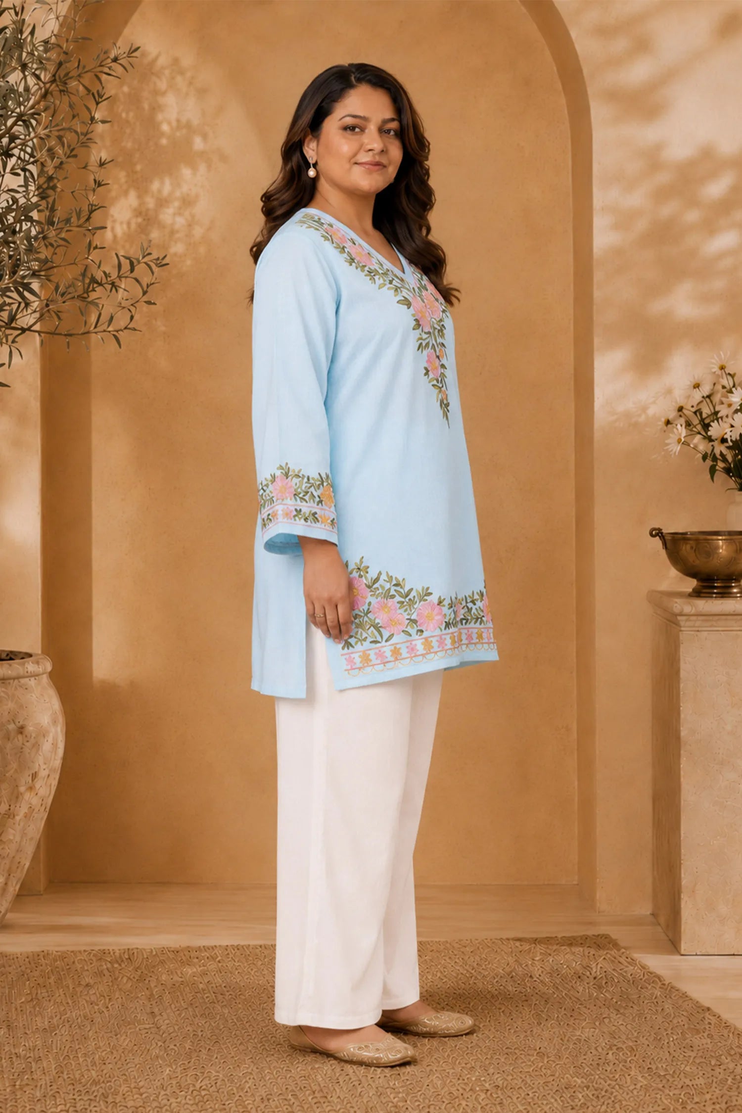 Plus Size - Cotton Kashmiri Aari Short Kurta - Light Blue