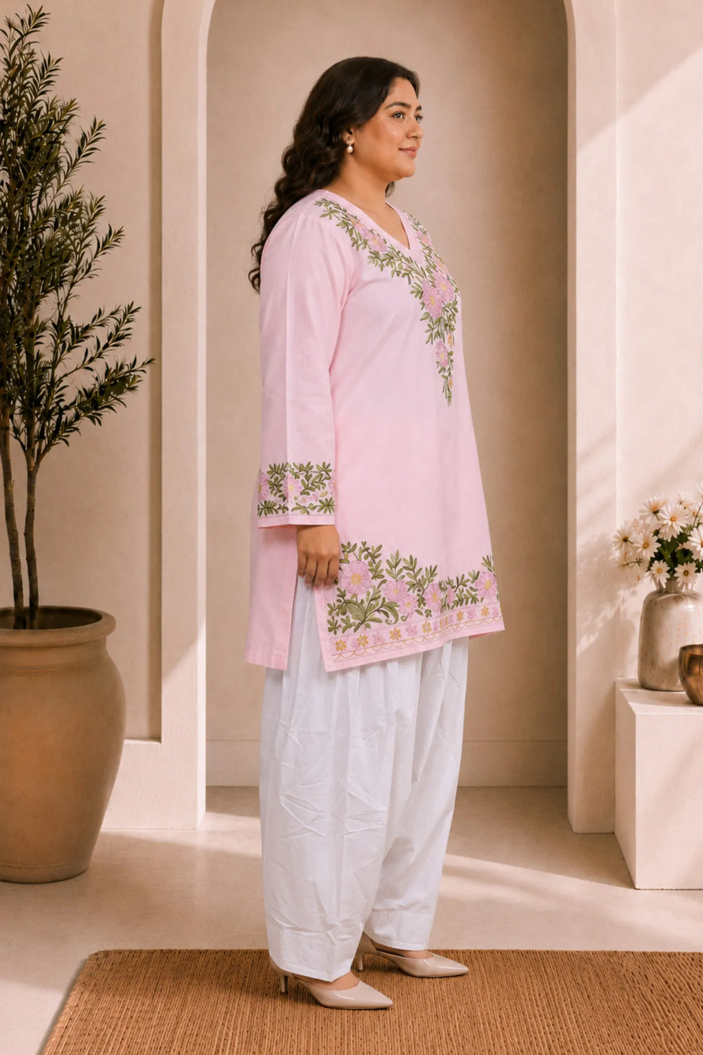 Plus Size - Cotton Kashmiri Aari Short Kurta - Pink
