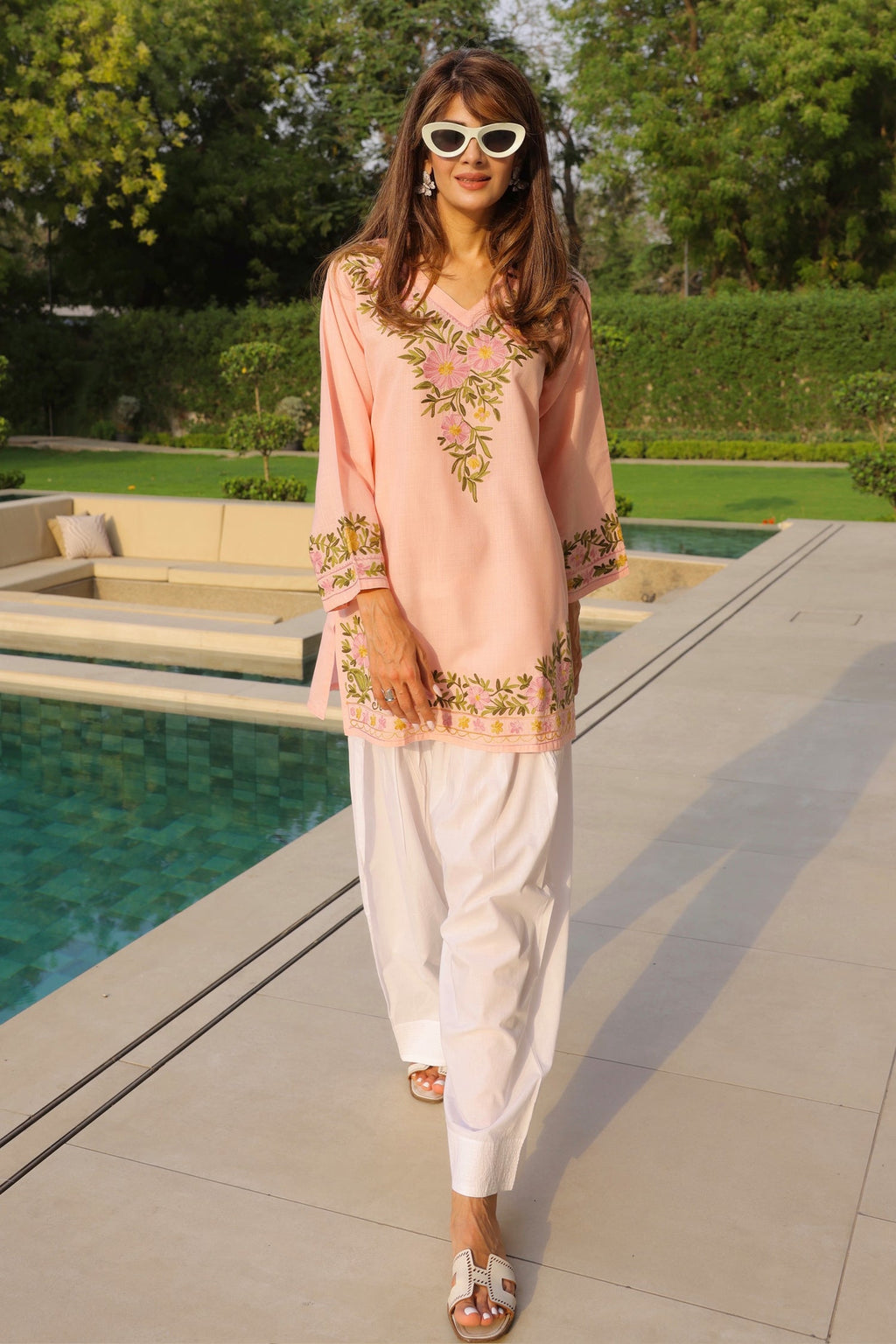 Neha x HOK in Cotton Kashmiri Aari Short Kurta - Pink