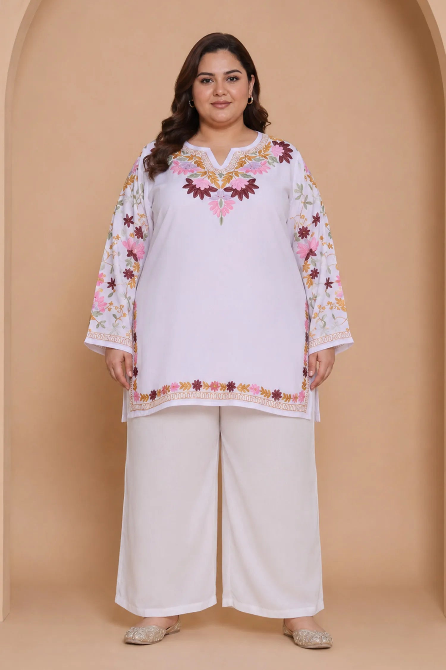 Plus Size - Falak Kashmiri Short Kurta - White