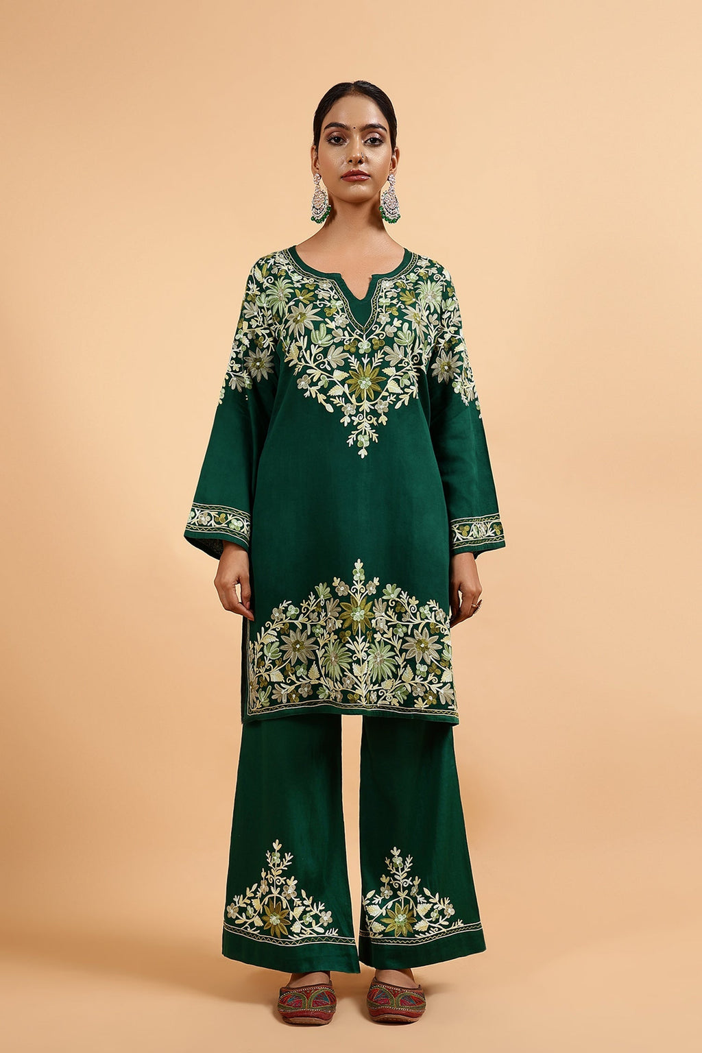 Plus Size - Kashmiri Aari Embroidered Kurta Set with Bellbottom Pants in Green Cotton Silk