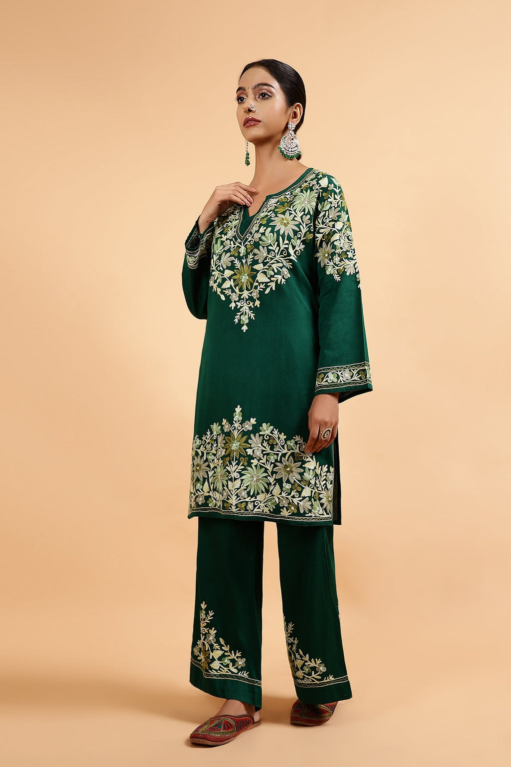 Plus Size - Kashmiri Aari Embroidered Kurta Set with Bellbottom Pants in Green Cotton Silk