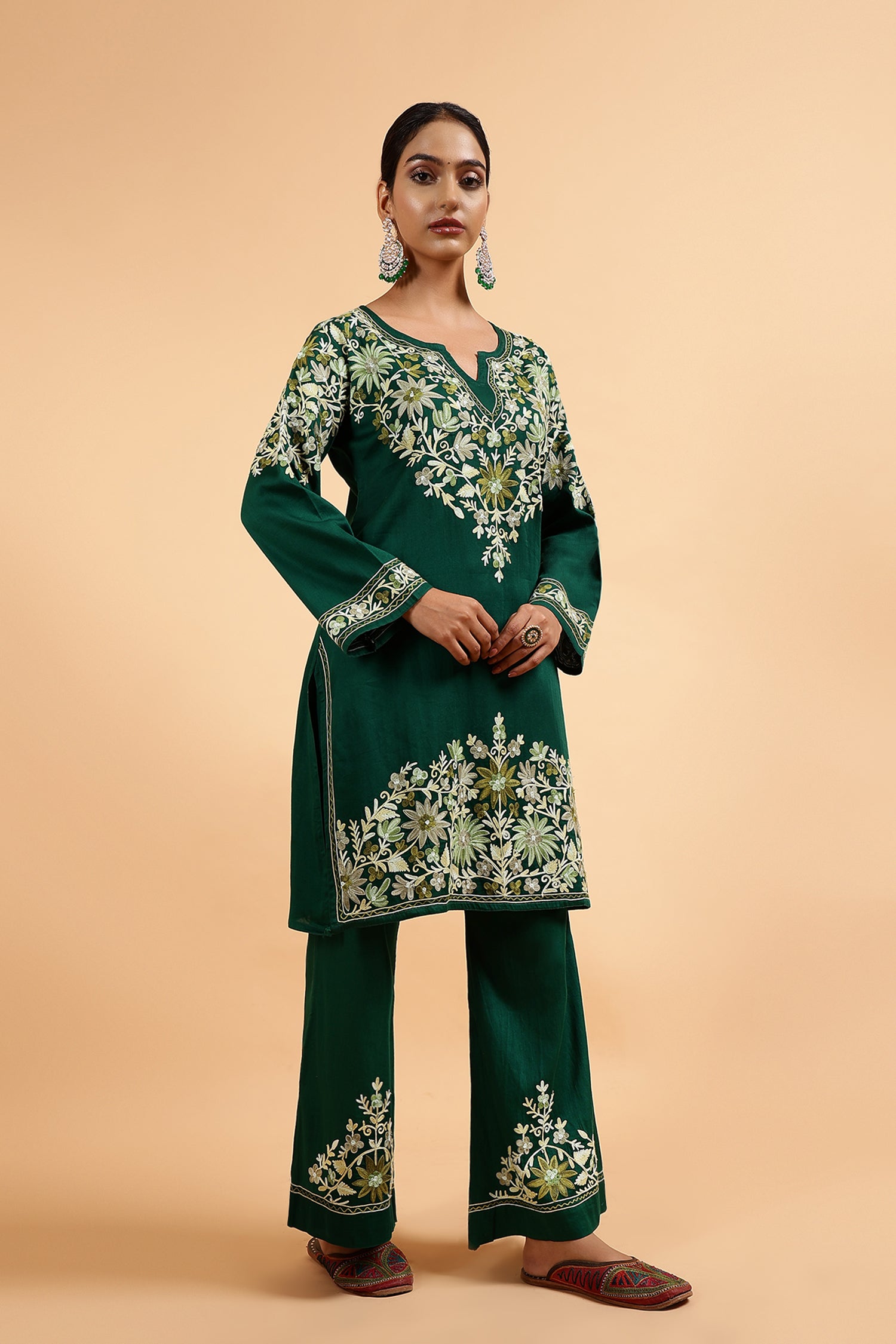Plus Size - Kashmiri Aari Embroidered Kurta Set with Bellbottom Pants in Green Cotton Silk