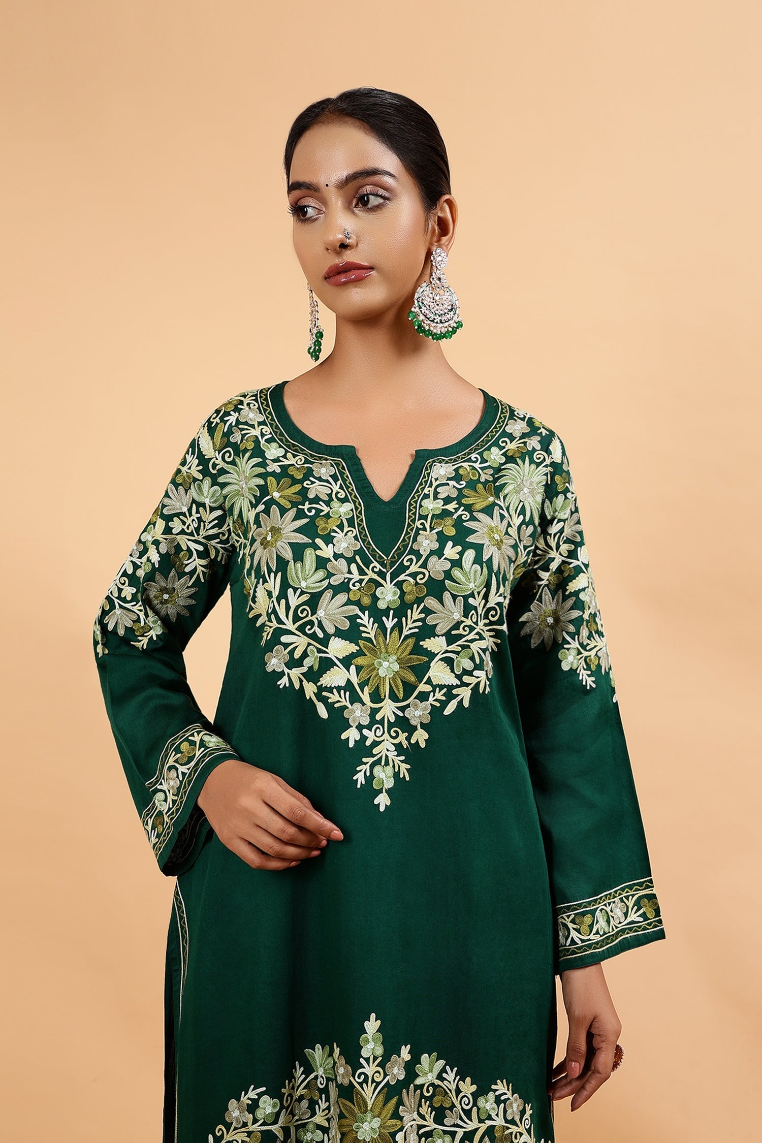 Plus Size - Kashmiri Aari Embroidered Kurta Set with Bellbottom Pants in Green Cotton Silk