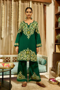 Kashmiri Aari Embroidered Kurta Set with Bellbottom Pants in Green Cotton Silk