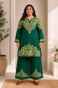 Plus Size - Kashmiri Aari Embroidered Kurta Set with Bellbottom Pants in Green Cotton Silk
