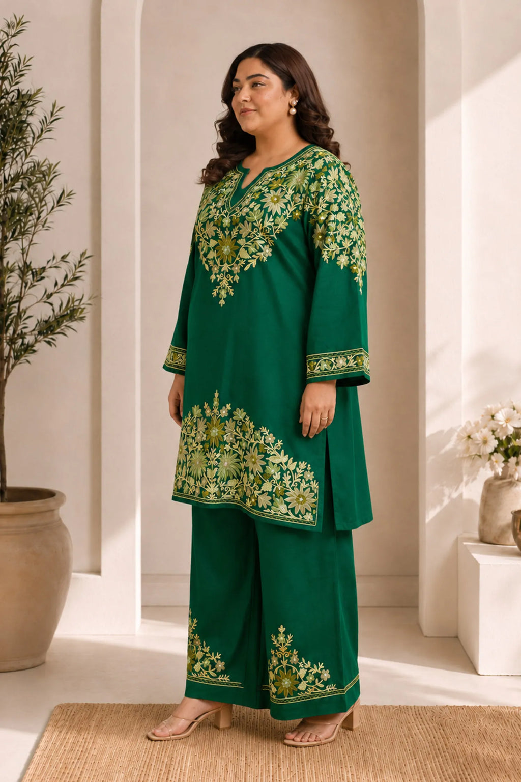 Plus Size - Kashmiri Aari Embroidered Kurta Set with Bellbottom Pants in Green Cotton Silk