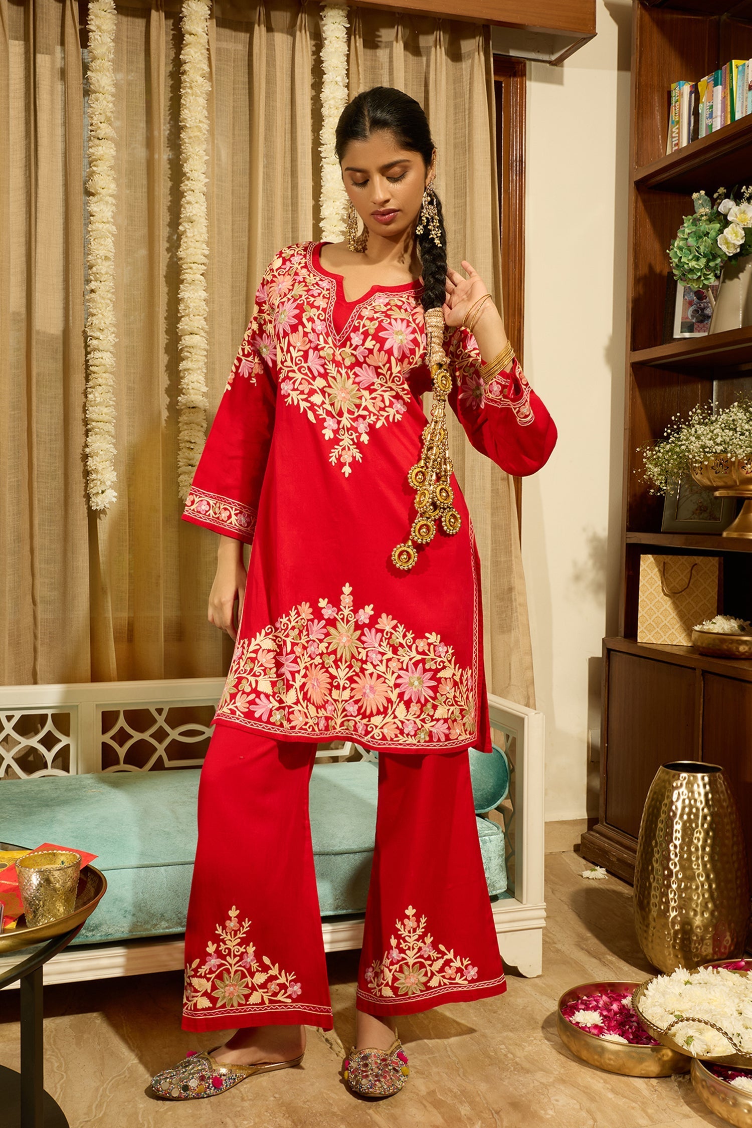 Kashmiri Aari Embroidered Kurta Set with Bellbottom Pants in Red Cotton Silk