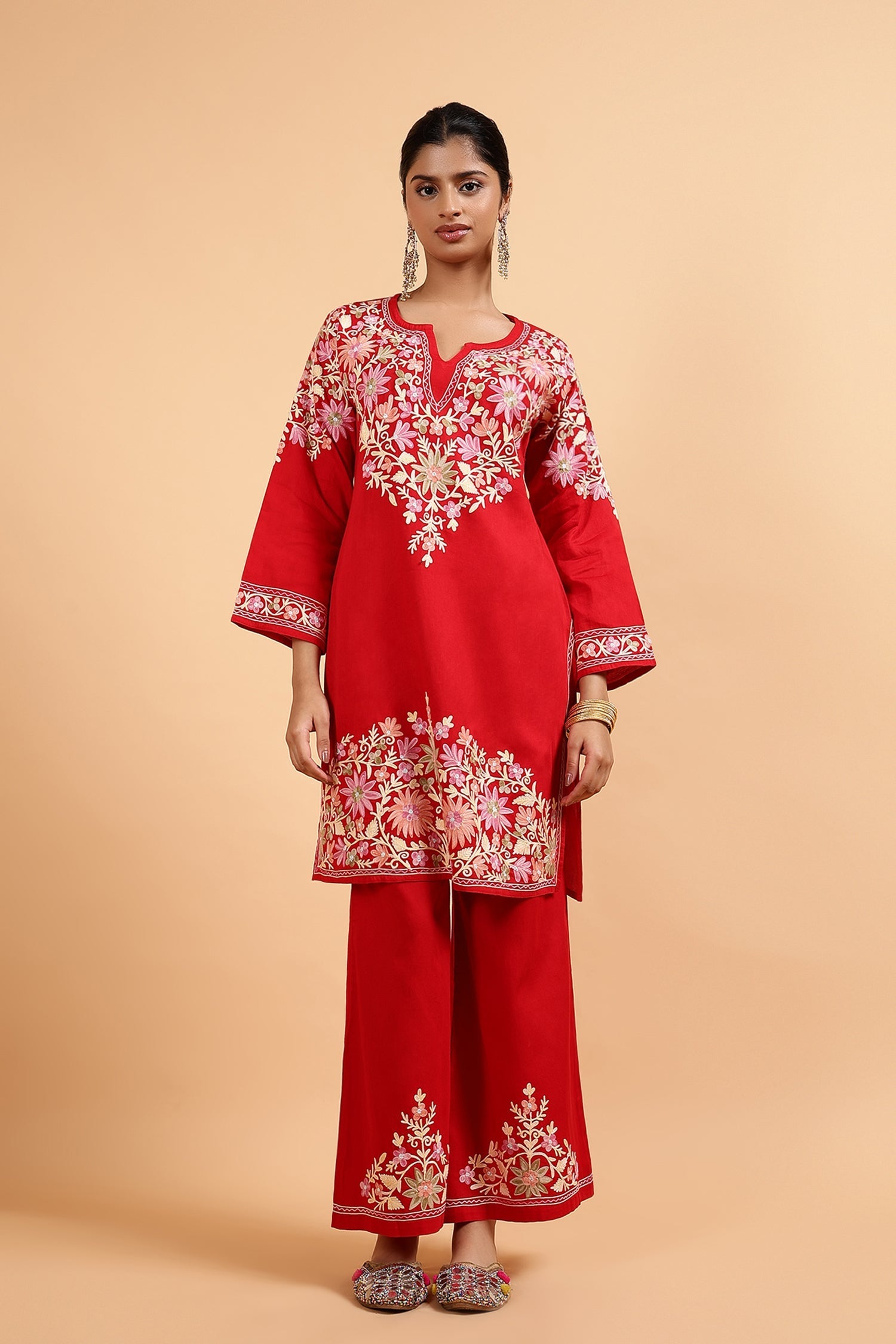 Plus Size - Kashmiri Aari Embroidered Kurta Set with Bellbottom Pants in Red Cotton Silk