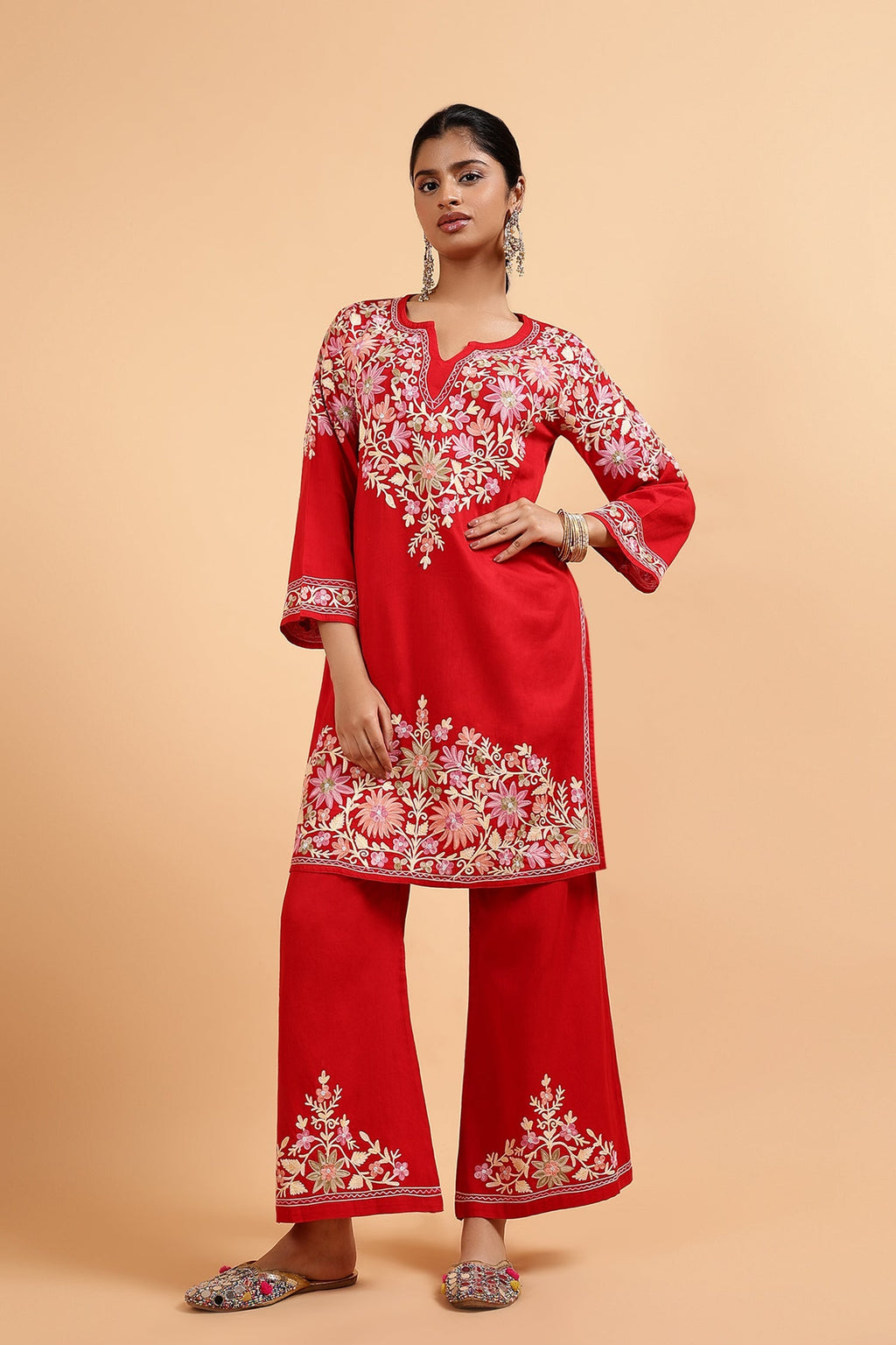 Plus Size - Kashmiri Aari Embroidered Kurta Set with Bellbottom Pants in Red Cotton Silk