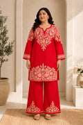 Plus Size - Kashmiri Aari Embroidered Kurta Set with Bellbottom Pants in Red Cotton Silk