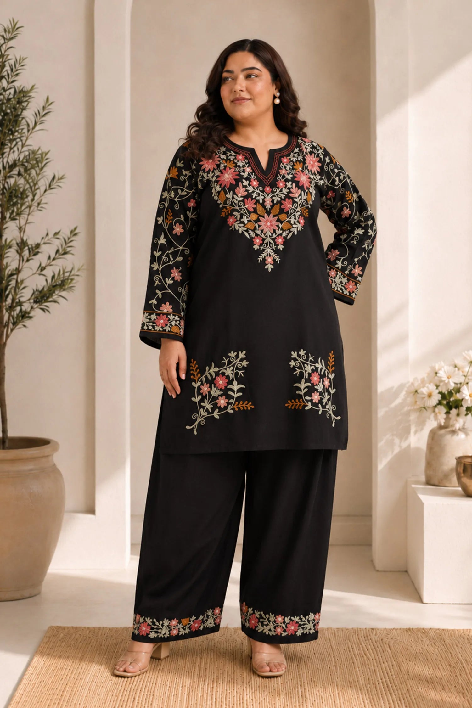 Plus Size - Cotton Kashmiri Aari Embroidered Kurta Set – Black with Farsi Bottoms