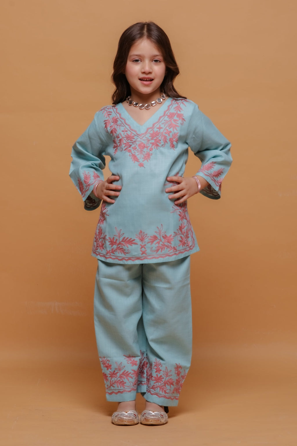 Kids Powder Blue Cotton Kurta Set  with Kashmiri Aari Work