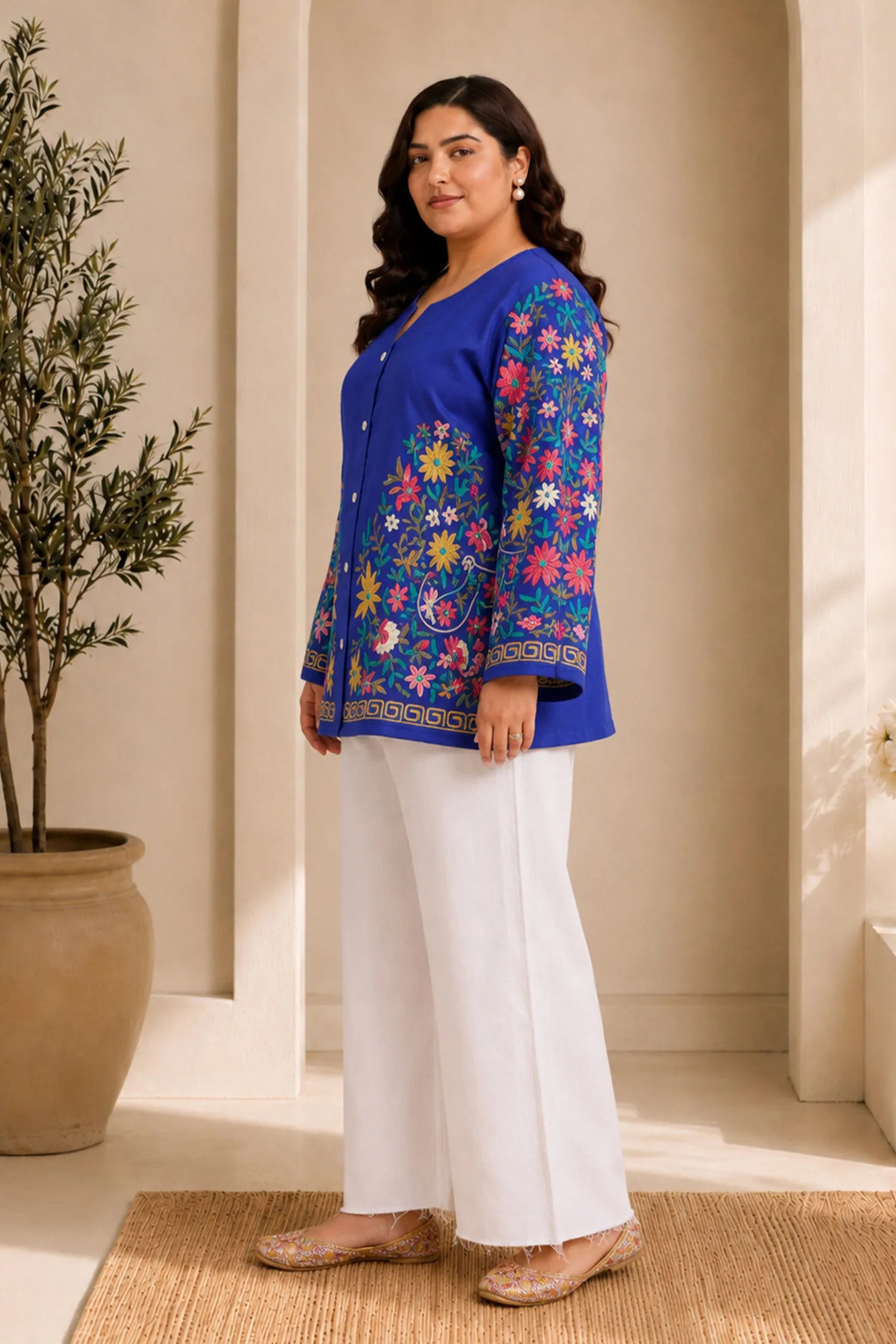Plus Size - Cotton Kashmiri Aari Short Jacket - Blue