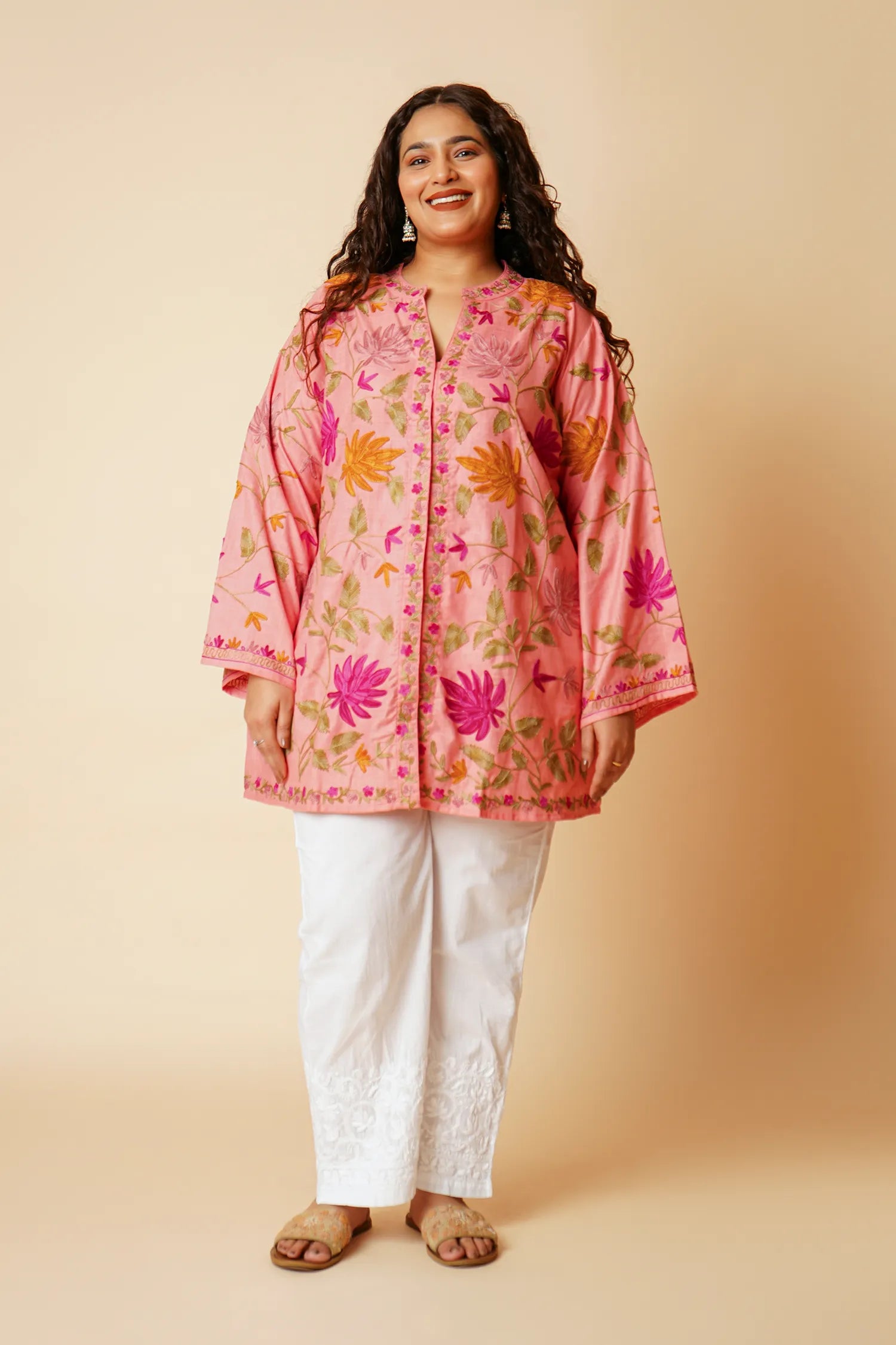 Plus Size - Kashmiri Aari Work Cotton Kurta Jacket – Pink