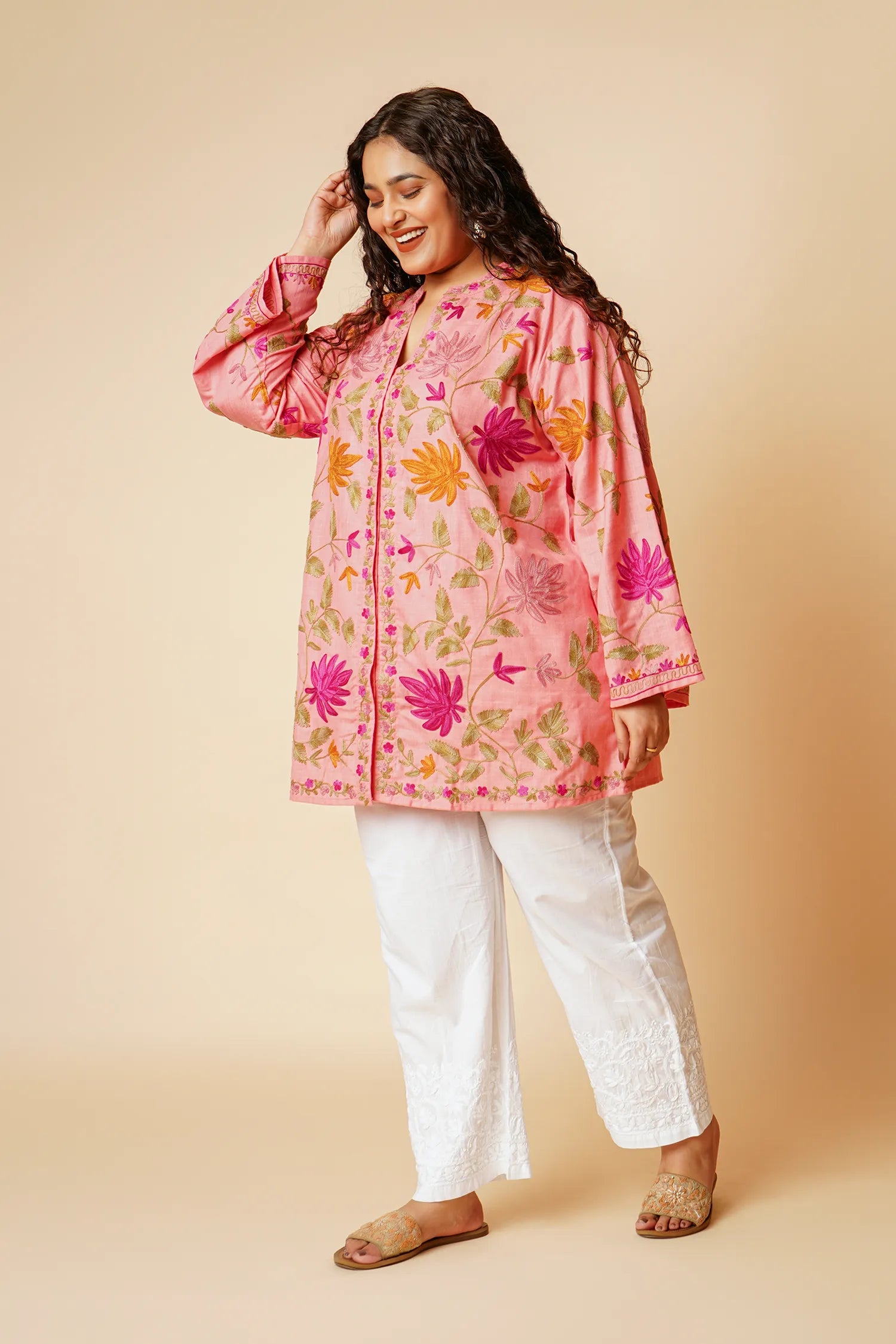 Plus Size - Kashmiri Aari Work Cotton Kurta Jacket – Pink