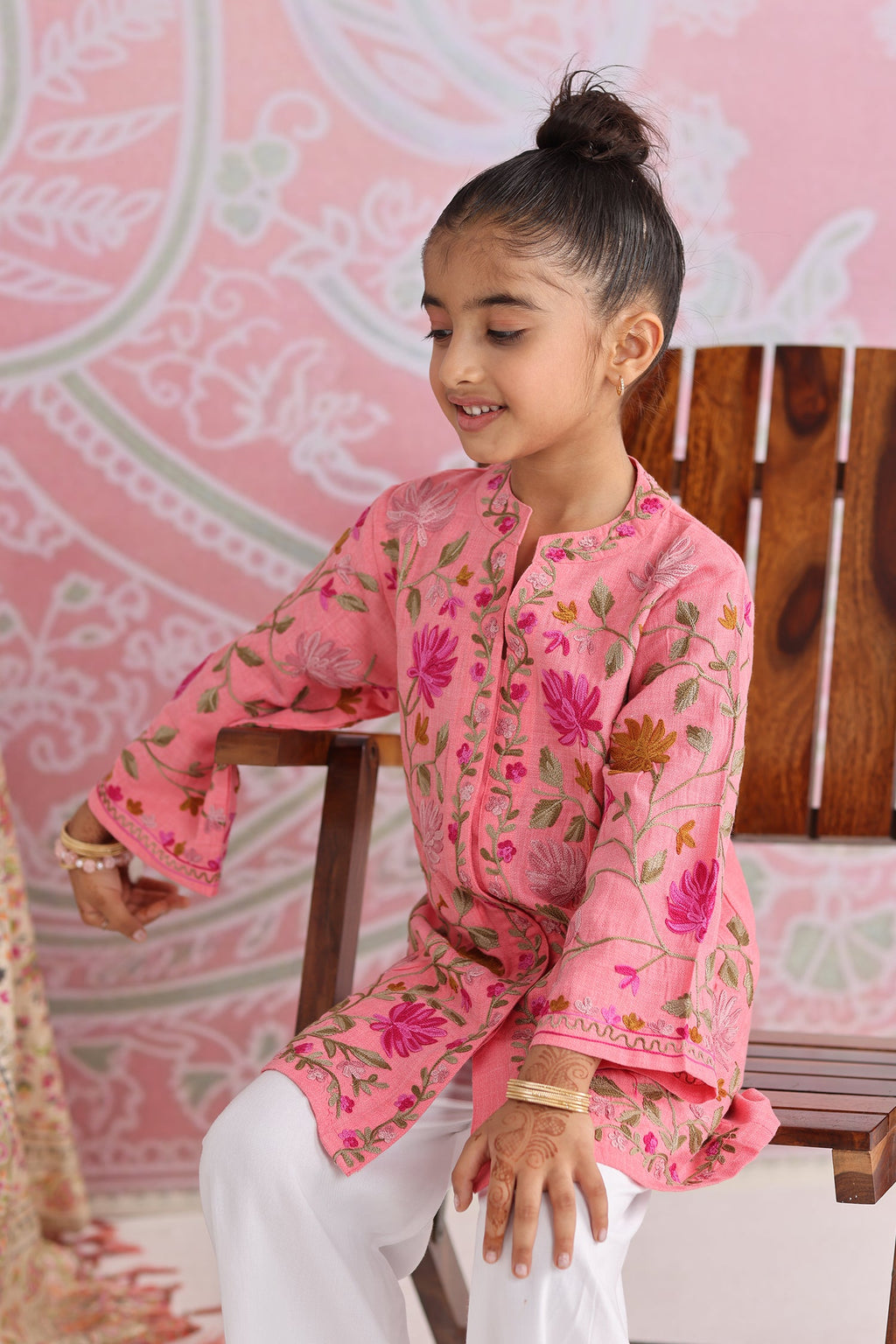Kids Pink Cotton Jacket with Kashmiri Aari Work