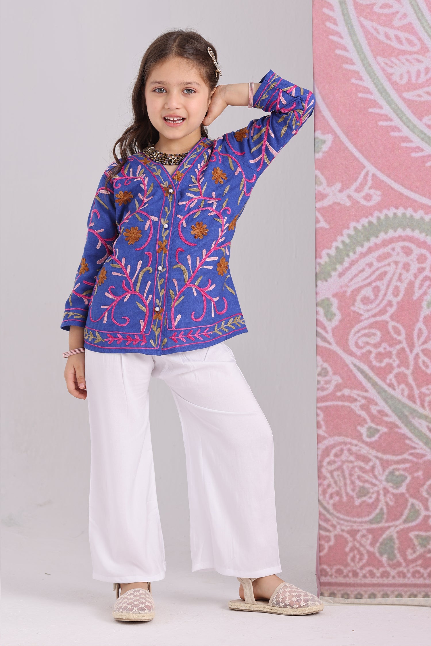 Kids Royal Blue Cotton Short Jacket with Kashmiri Aari Work