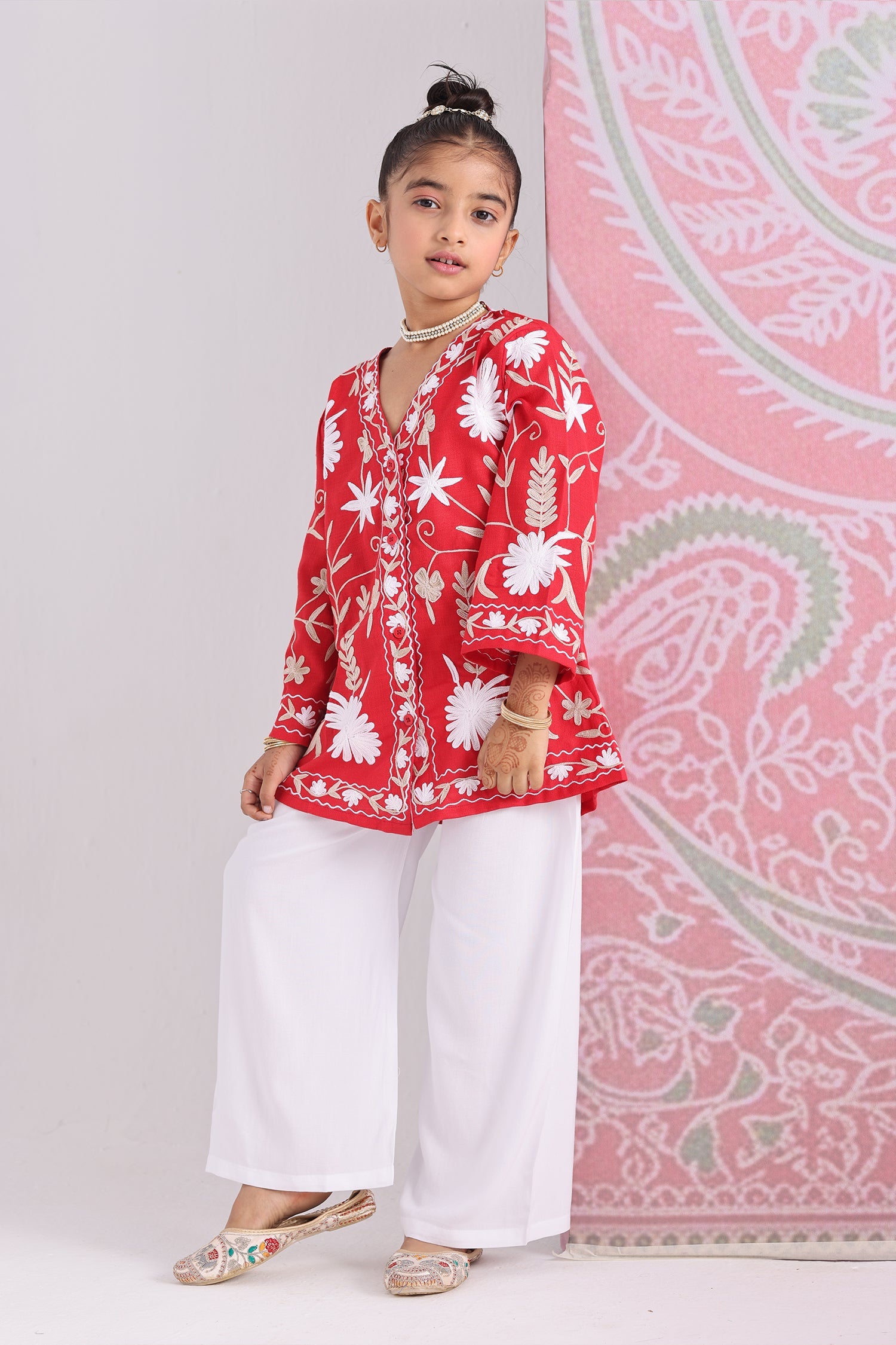 Kids Red Cotton Short Jacket with Kashmiri Aari Work