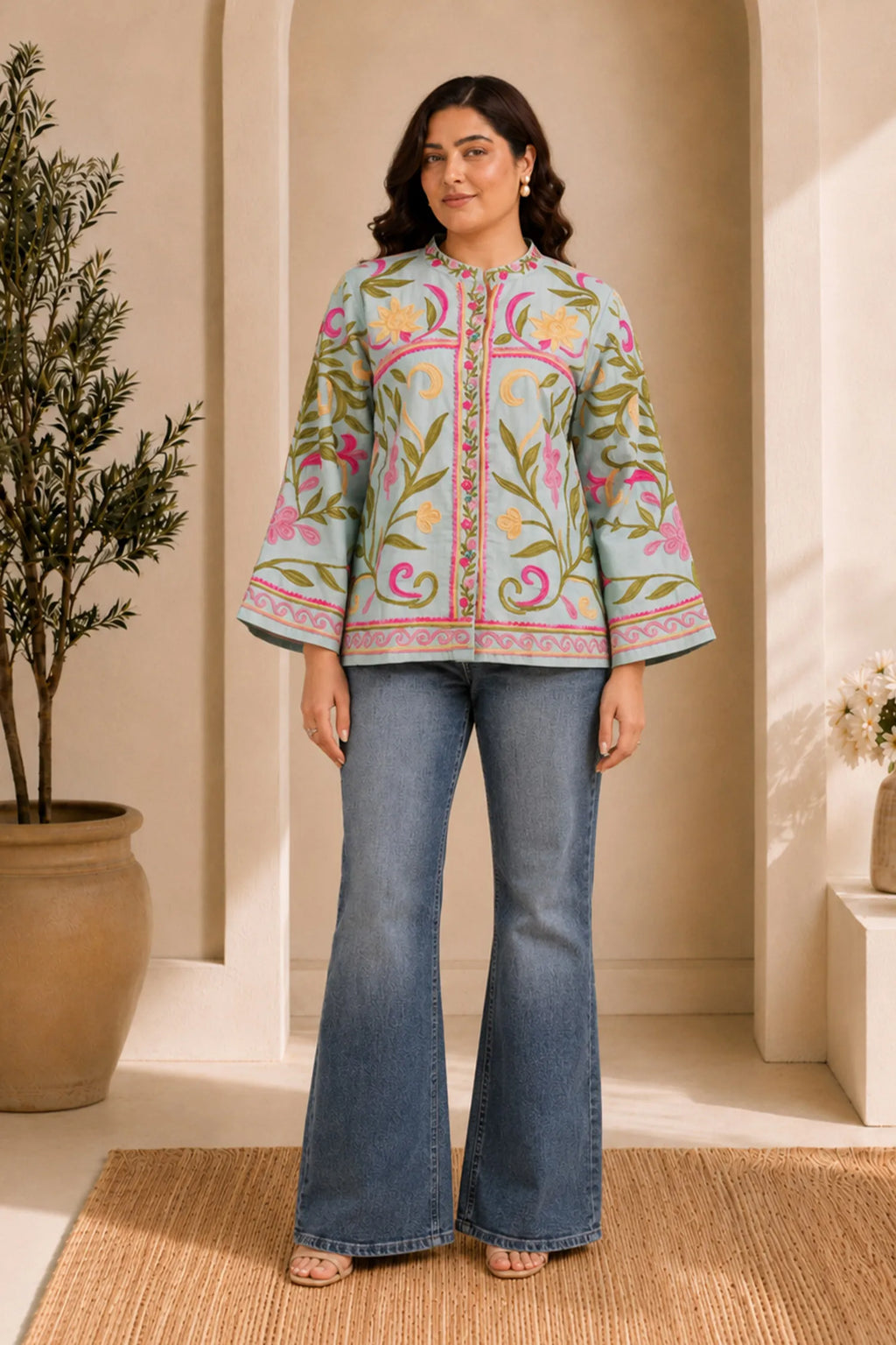 Plus Size - Kashmiri Jacket With Aari Work Cotton  – Sky Blue