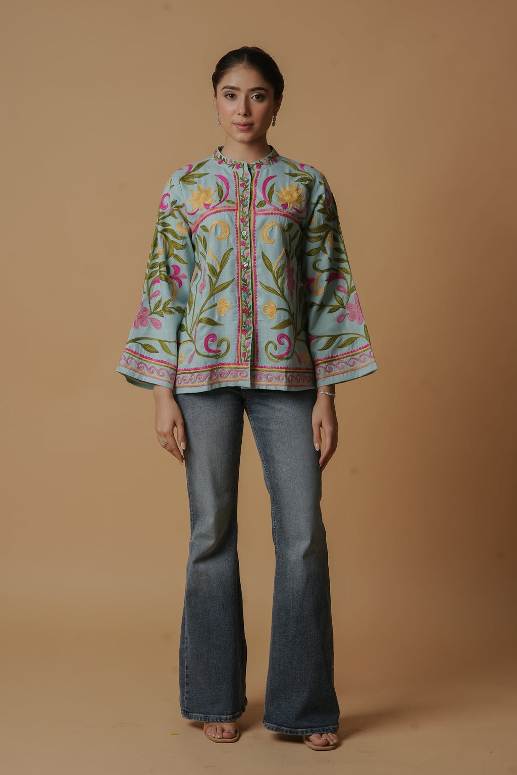Plus Size - Kashmiri Jacket With Aari Work Cotton  – Sky Blue