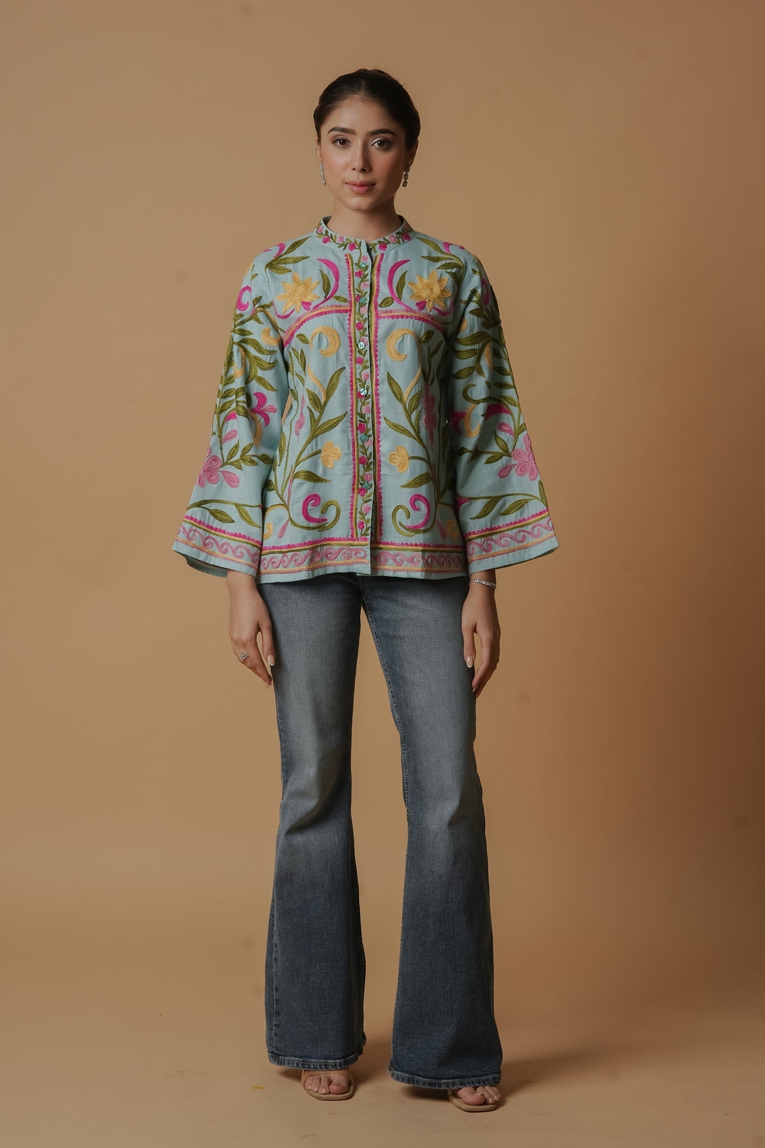 Plus Size - Kashmiri Jacket With Aari Work Cotton  – Sky Blue