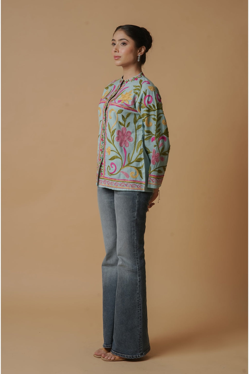 Plus Size - Kashmiri Jacket With Aari Work Cotton  – Sky Blue