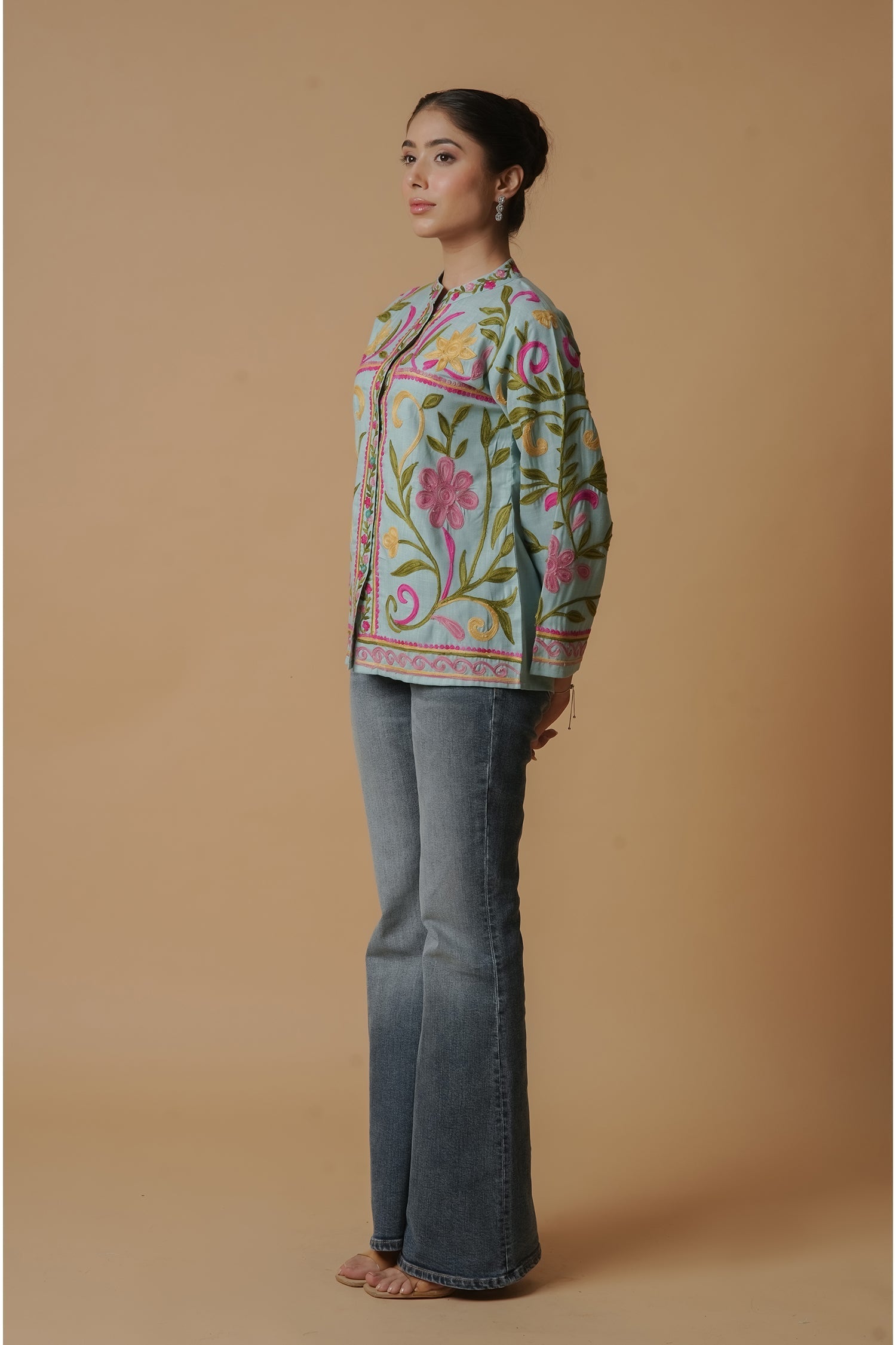 Plus Size - Kashmiri Jacket With Aari Work Cotton  – Sky Blue