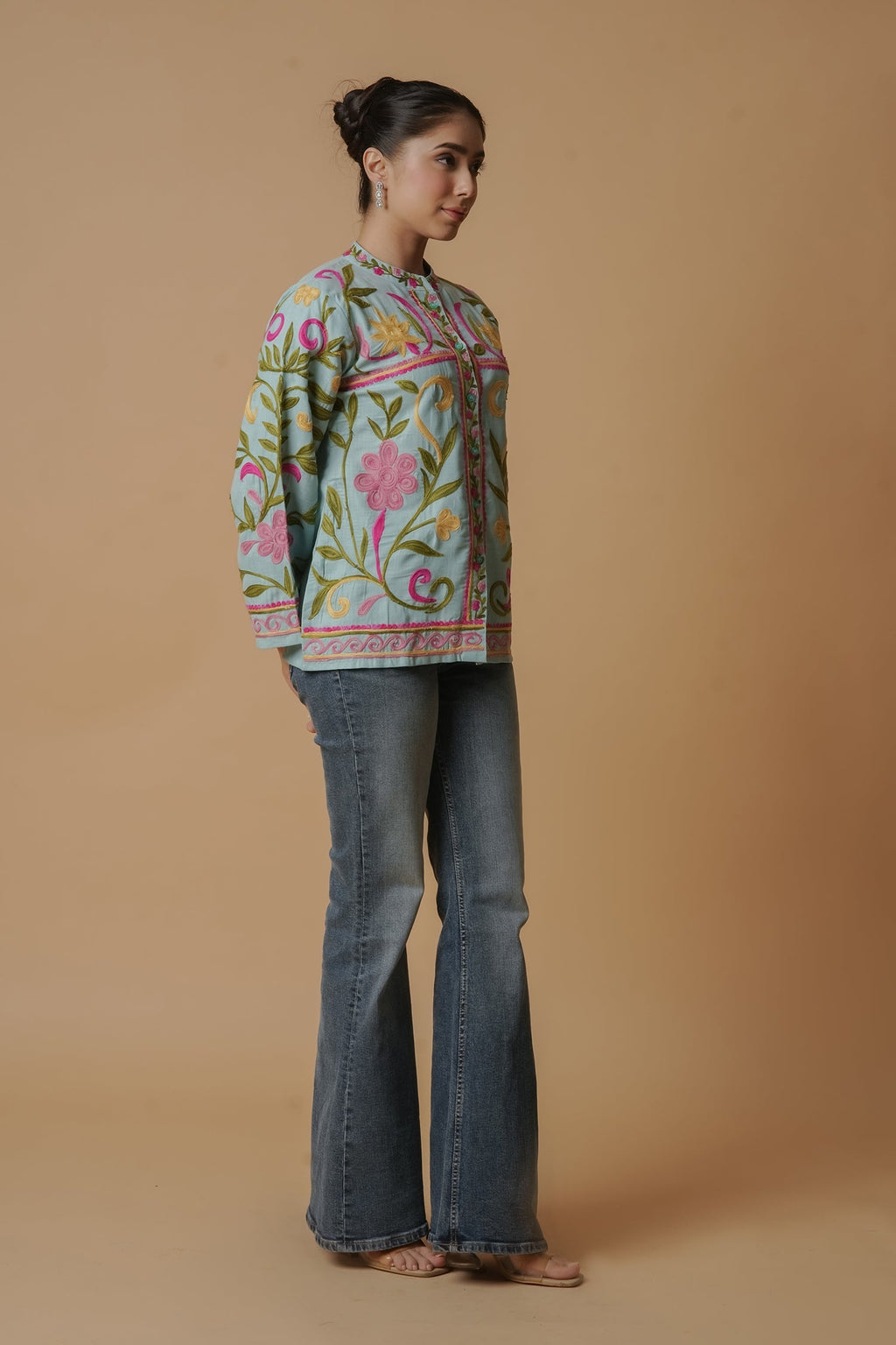 Plus Size - Kashmiri Jacket With Aari Work Cotton  – Sky Blue
