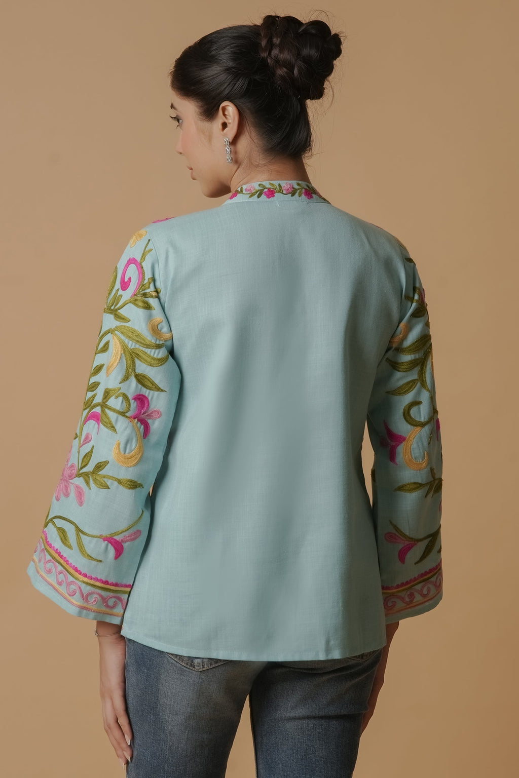 Plus Size - Kashmiri Jacket With Aari Work Cotton  – Sky Blue