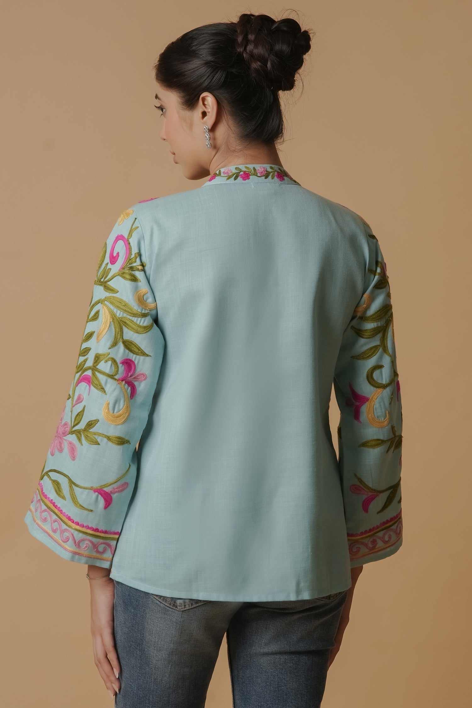 Plus Size - Kashmiri Jacket With Aari Work Cotton  – Sky Blue