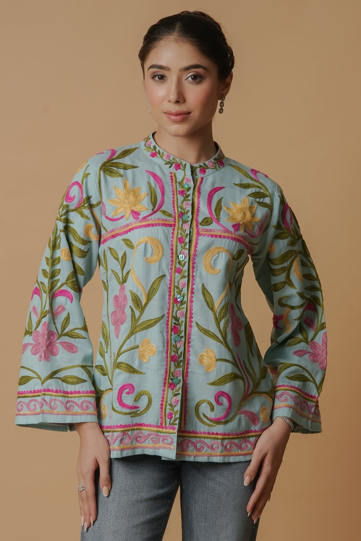 Plus Size - Kashmiri Jacket With Aari Work Cotton  – Sky Blue